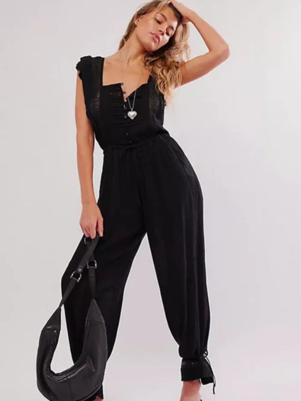 Free People FP One Sydney Jumpsuit Black Flutter Sleeve Pleated Lace XS